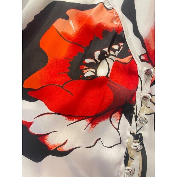 White House Black Market Red Black Floral Polyester Blouse Medium - Picture 4 of 5